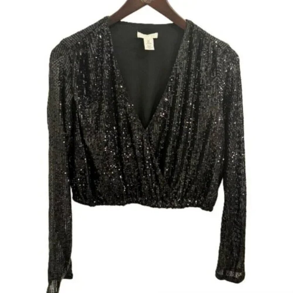✨ NWOT H&M Black Sequin Wrap Blouse | V-Neck | Size S